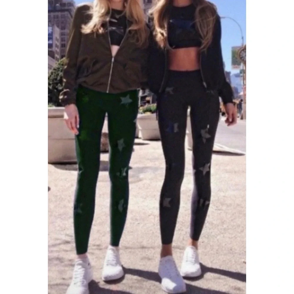 Jessica Simpson The Warm Up Green Star Print High‎ Waist Leggings Small